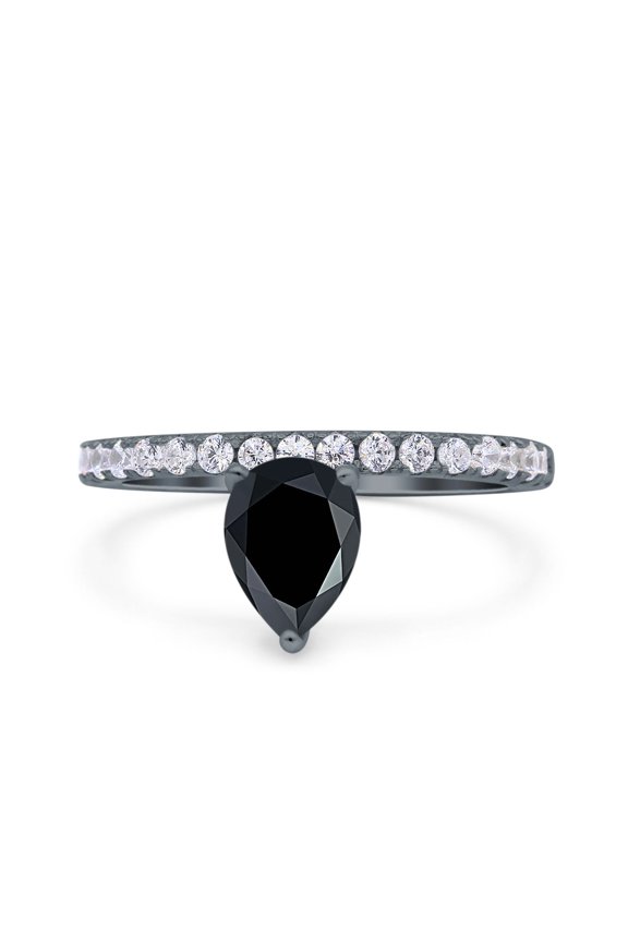 Natural Black Onyx Black Tone Silver Size-5 Art Deco Pear Teardrop Vintage Style CZ Wedding Engagement Rings For Women 925 Sterling Silver Gifts For Her