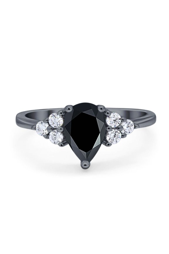 Natural Black Onyx Black Tone Silver Size-5 Art Deco Pear Teardrop Vintage Style Three Stone CZ Wedding Engagement Ring 925 Sterling Silver Gifts For Her