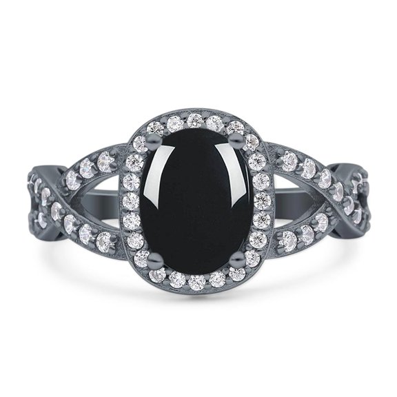 Natural Black Onyx Black Tone Silver Size-5 Oval Vintage Rings Infinity Twisted Shank Halo CZ Wedding Engagement Ring For Women 925 Sterling Silver Gifts For Her