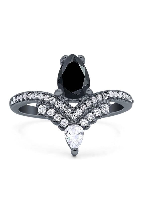 Natural Black Onyx Black Tone Silver Size-9 Art Deco Pear Teardrop Crown Style Chevron Ring Cluster CZ Wedding Engagement Ring 925 Sterling Silver Gifts For Her
