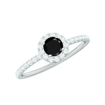 Rosec Jewels Natural Black Onyx Engagement Ring with Diamond Accent- AAA Quality, 925 Sterling Silver, US 4.00