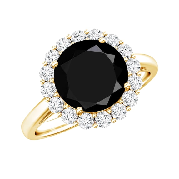 Rosec Jewels Black Onyx Engagement Ring with Halo - Natural Black Onyx Diamond Ring (AAA Grade Certified) - with Jewelry Box, 14K Yellow Gold, US 12.50