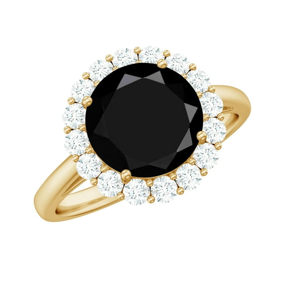 Rosec Jewels Black Onyx Engagement Ring with Halo - Natural Black Onyx Diamond Ring (AAA Grade Certified) - with Jewelry Box, 14K Yellow Gold, US 5.50