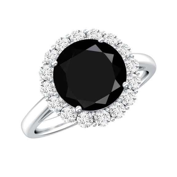 Rosec Jewels Black Onyx Engagement Ring with Halo - Natural Black Onyx Diamond Ring (AAA Grade Certified) - with Jewelry Box, 925 Sterling Silver, US 4.00