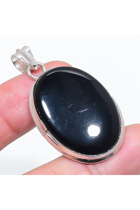 Natural Black Onyx Gemstone 925 Sterling Silver Jewelry Pendant 1.93"