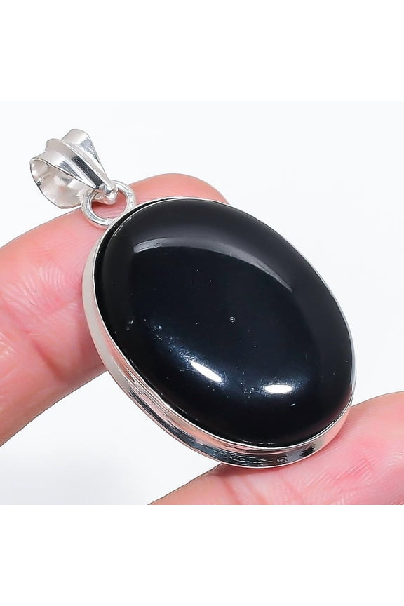 Natural Black Onyx Gemstone 925 Sterling Silver Jewelry Pendant 1.93"