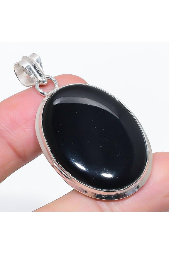 Natural Black Onyx Gemstone 925 Sterling Silver Jewelry Pendant 2.01"