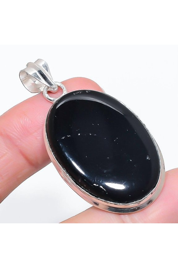Natural Black Onyx Gemstone 925 Sterling Silver Jewelry Pendant 2.09"