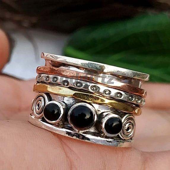 Natural Black Onyx Gemstone Band Ring - Onyx Meditation 925 Solid Silver Spinner Ring - Handmade 3 Stone Ring, Fashion Jewelry Gift For Her