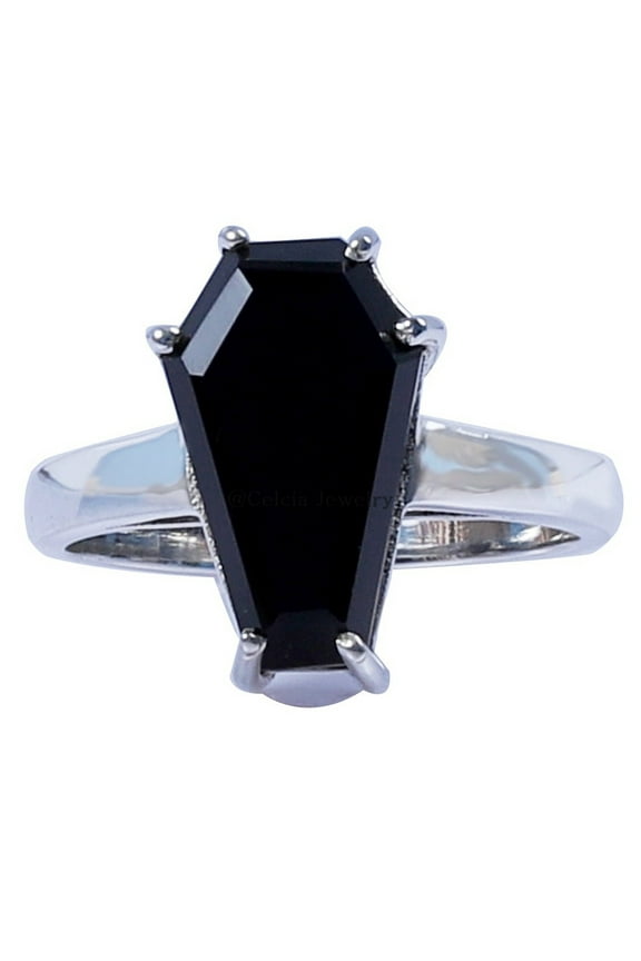 Natural Black Onyx Gemstone Coffin Ring, 925 Sterling Silver Unisex Handmade Jewelry, Wedding Engagement Metaphysical Gifts Ring, Exclusive Ultimate Awesome Ethnic Ring (Black Onyx, Size 7)