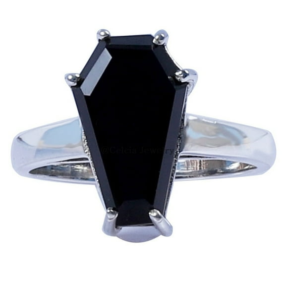 Natural Black Onyx Gemstone Coffin Ring, 925 Sterling Silver Unisex Handmade Jewelry, Wedding Engagement Metaphysical Gifts Ring, Exclusive Ultimate Awesome Ethnic Ring (Black Onyx, Size 7)
