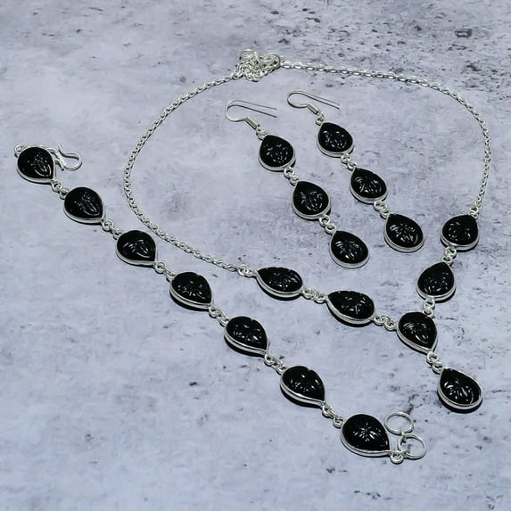 Natural Black Onyx Gemstone Handmade 925 Sterling Silver Gift Jewelry Set