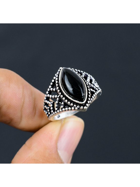 Natural Black Onyx Gemstone Handmade 925 Sterling Silver Ring Size 8