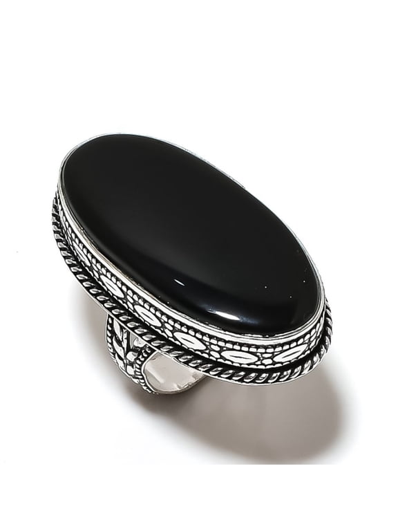 Natural Black Onyx Gemstone Handmade 925 Sterling Silver Ring Size 8