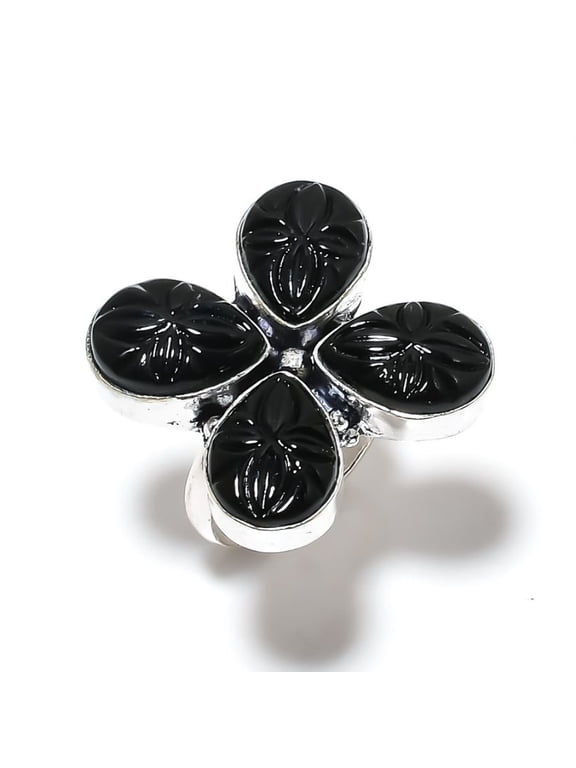 Natural Black Onyx Gemstone Handmade 925 Sterling Silver Ring Size 9