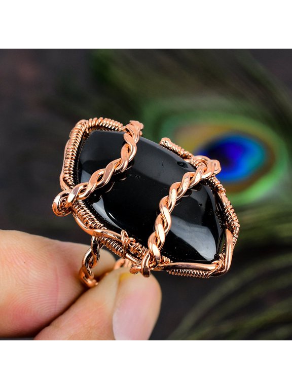 Natural Black Onyx Gemstone Handmade Copper Wire Wrap Gift Ring Size 8