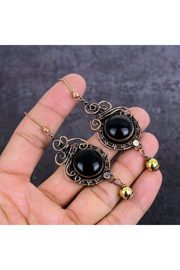 Natural Black Onyx Gemstone Handmade Copper Wire Wrap Jewelry Earring 3.23"