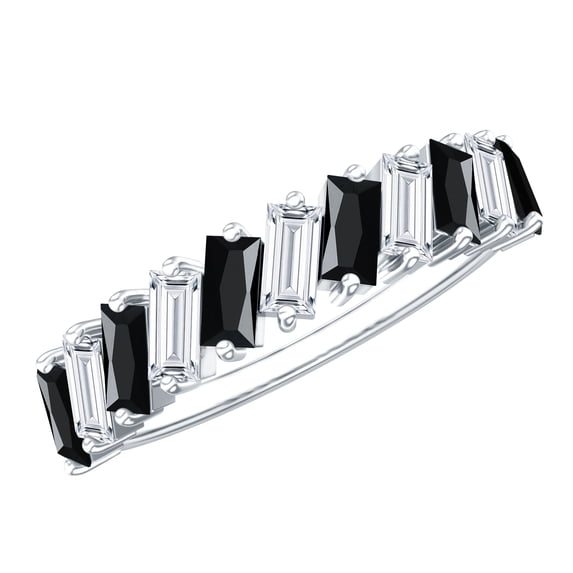 Rosec Jewels Natural Black Onyx Half Eternity Ring with Moissanite for Women - AAA Quality, 10K White Gold, US 5.00