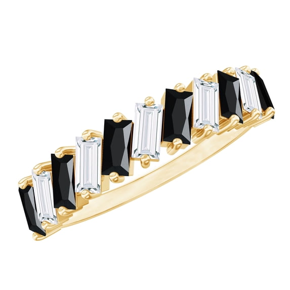 Rosec Jewels Natural Black Onyx Half Eternity Ring with Moissanite for Women - AAA Quality, 10K Yellow Gold, US 11.50