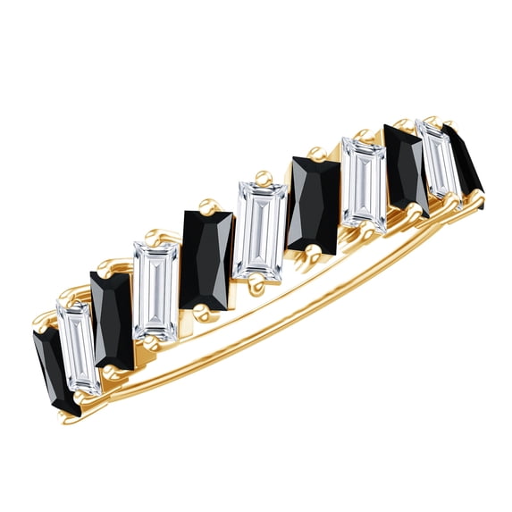Rosec Jewels Natural Black Onyx Half Eternity Ring with Moissanite for Women - AAA Quality, 10K Yellow Gold, US 6.50
