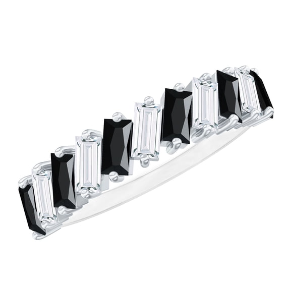 Rosec Jewels Natural Black Onyx Half Eternity Ring with Moissanite for Women - AAA Quality, 925 Sterling Silver, US 5.50