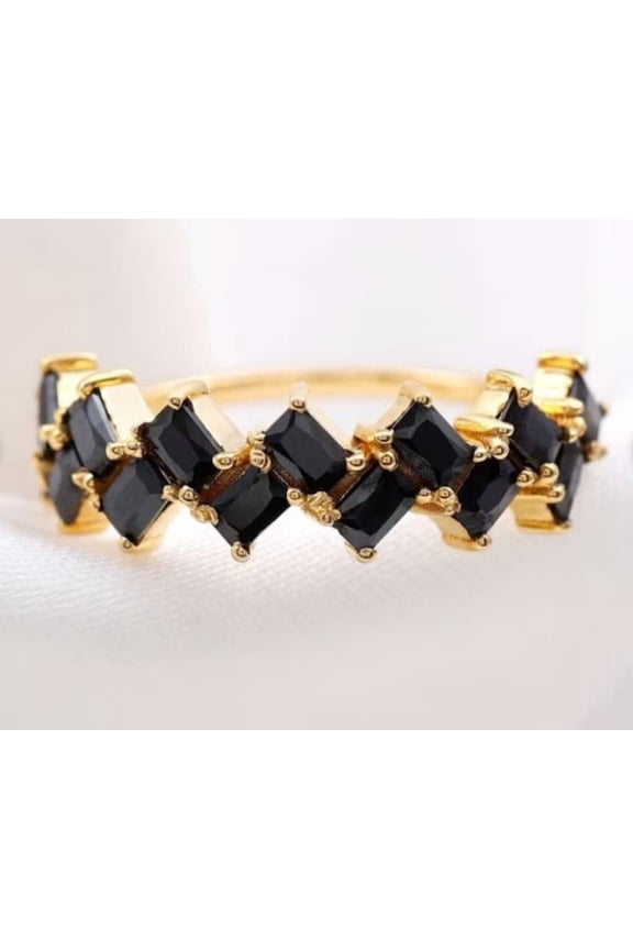 Natural Black Onyx Half Eternity Wedding Band, 925 Silver Band, Expansive Ring, Princess Cut Band, Anniversary Gift, Infinity Band, Gemstone Band, Gift For Womens.