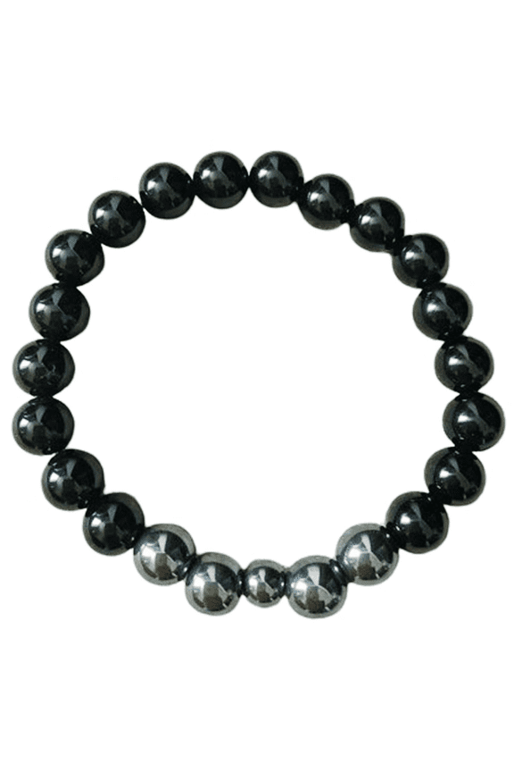 Natural Black Onyx & Hematite 6-8mm Round Shape Smooth Cut Beads Stretchable Bracelet for Men & Women.
