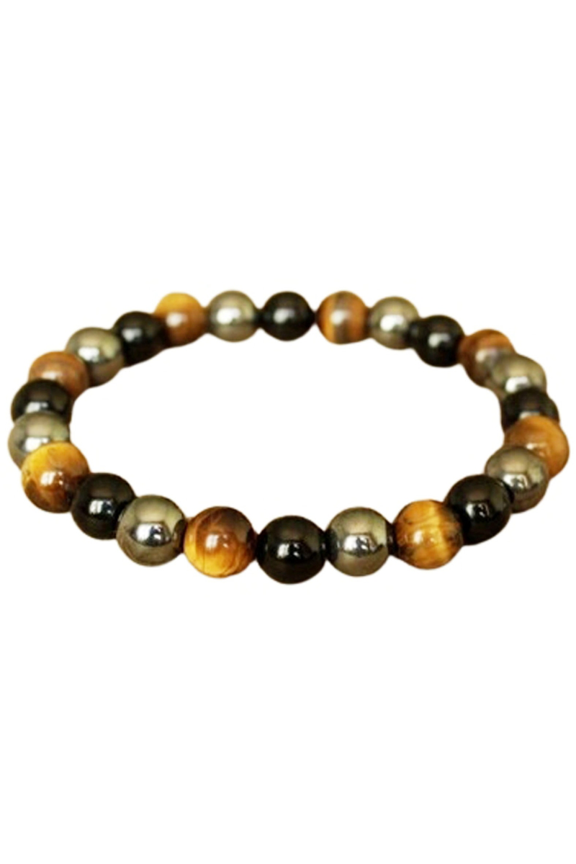 Natural Black Onyx, Hematite & Tigers Eye 8mm Round Shape Smooth Cut Beads Stretchable Bracelet for Men & Women.