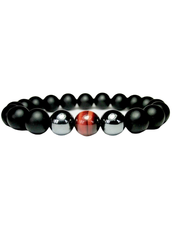 Natural Black Onyx, Hematite With Red Tigers Eye 10mm Round Shape Smooth Cut Beads Stretchable Bracelet for Men & Women.
