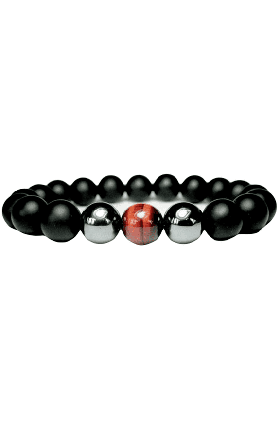 Natural Black Onyx, Hematite With Red Tigers Eye 10mm Round Shape Smooth Cut Beads Stretchable Bracelet for Men & Women.