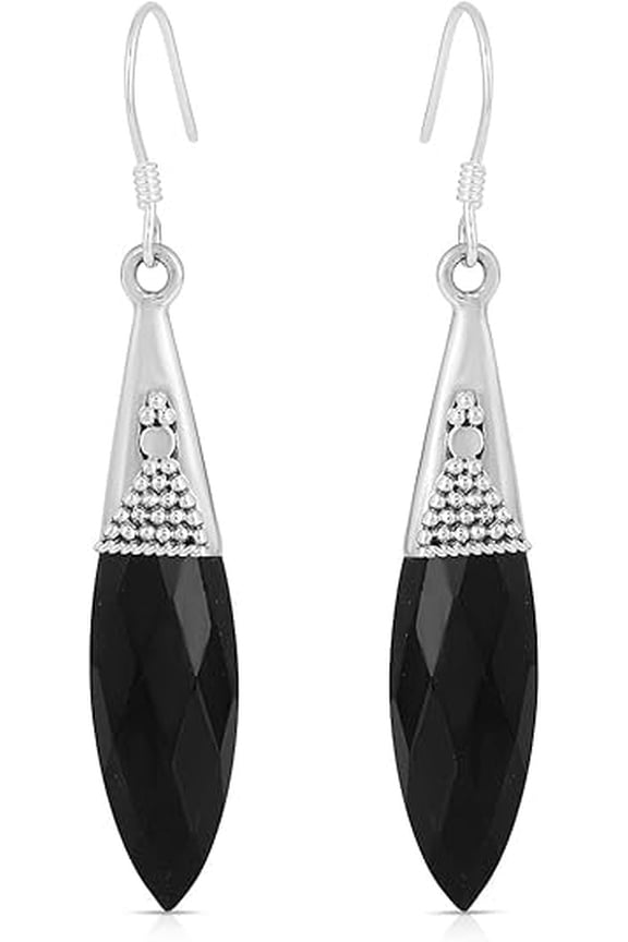 Natural Black Onyx Marquise-Cut Dangle Earrings in 925 Sterling Silver – Handmade Bezel-Set Gemstones with Fish Hook Backs, Lightweight Jewelry Gift for Women