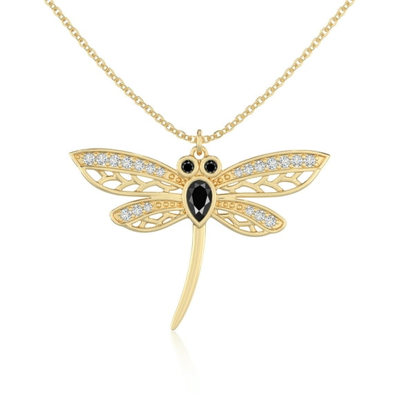 Natural Black Onyx with Moissanite Dragonfly Shape Pendant Necklaces for Women in 18K Yellow Gold Vermeil, July Birthstone Jewelry Gifts for Her Birthday, Anniversary, Mothers Day, Party, Valentines