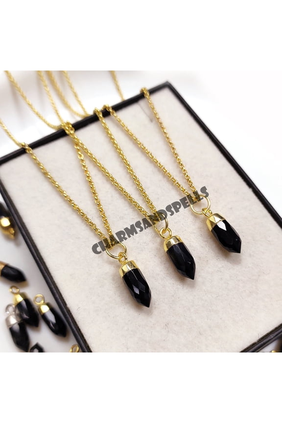 Natural Black Onyx Pencil Pendant Necklace, 14K Gold Plated Necklace, Onyx Pendant for Men & Women, Bridal Gift, Gift For Her / Him