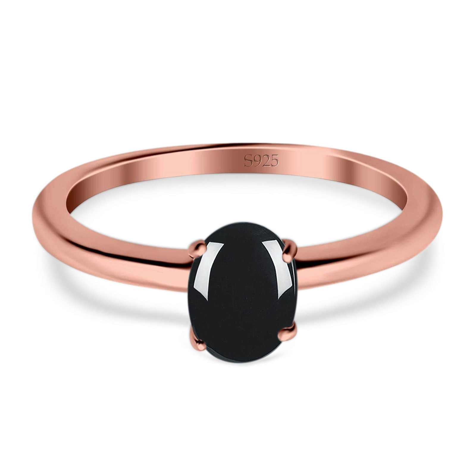 Natural Black Onyx Rose Tone Silver Size-7 Minimalist Oval Cathedral Solitaire Ring Wedding Engagement Rings For Women 925 Sterling Silver Gifts For Her