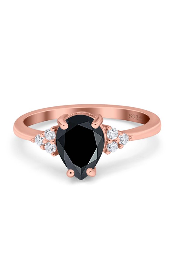 Natural Black Onyx Rose Tone Silver Size-9 Art Deco Pear Teardrop Vintage Style Cluster CZ Statement Wedding Engagement Rings For Women 925 Sterling Silver Gifts For Her