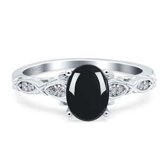 Natural Black Onyx Size-10 Art Deco Oval Vintage Rings Leaf Filigree Design CZ Wedding Engagement Ring For Women 925 Sterling Silver Gifts For Her