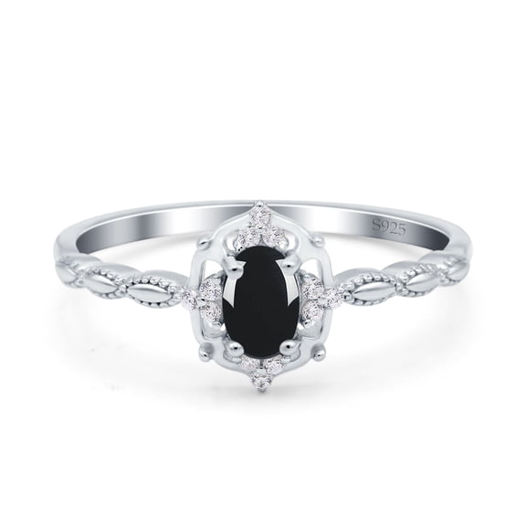 Natural Black Onyx Size-5 Art Deco Oval Floral Vintage Style Marquise Design CZ Wedding Engagement Ring 925 Sterling Silver Gifts For Her