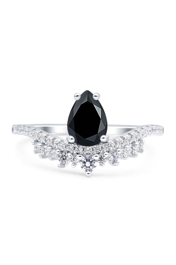 Natural Black Onyx Size-6 Art Deco Pear Teardrop Chevron Ring Cocktail Crown Style Cluster CZ Wedding Engagement Ring For Women 925 Sterling Silver