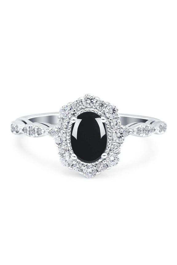 Natural Black Onyx Size-8 Art Deco Oval Floral Vintage Rings Cluster Halo CZ Wedding Engagement Ring For Women 925 Sterling Silver Gifts For Her