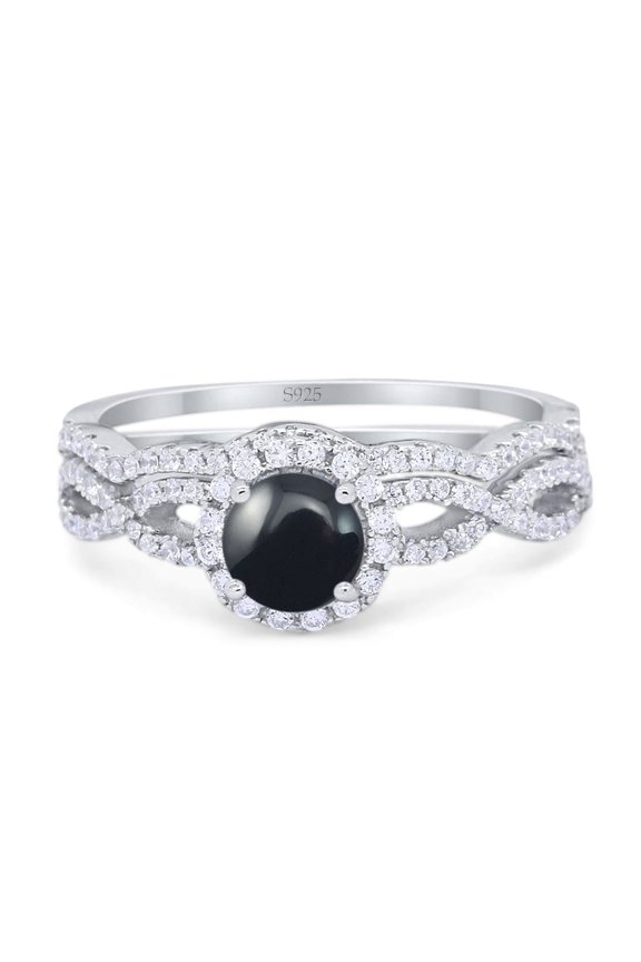 Natural Black Onyx Size-9 Two Piece Art Deco Round Twisted Infinity Shank Halo CZ Wedding Set Bridal Engagement Ring 925 Sterling Silver
