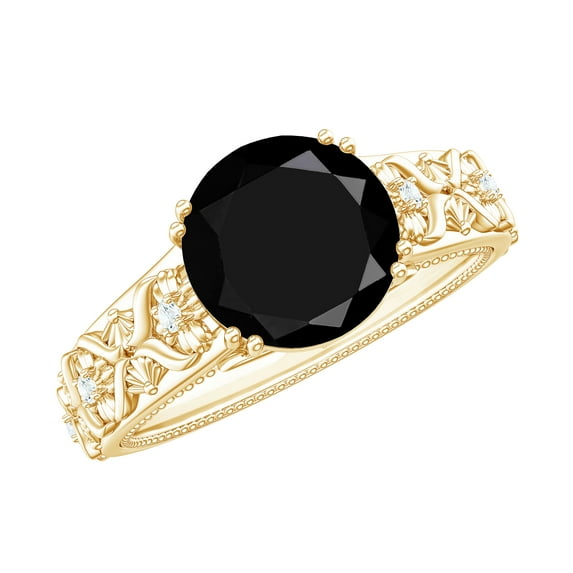 Rosec Jewels Natural Black Onyx Solitaire Ring with Diamond (AAA Grade), 10K Yellow Gold, US 7.50