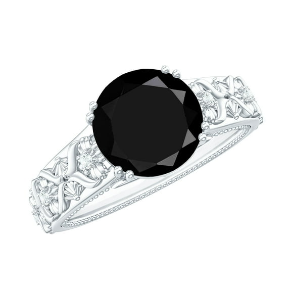 Rosec Jewels Natural Black Onyx Solitaire Ring with Diamond (AAA Grade), 925 Sterling Silver, US 4.00