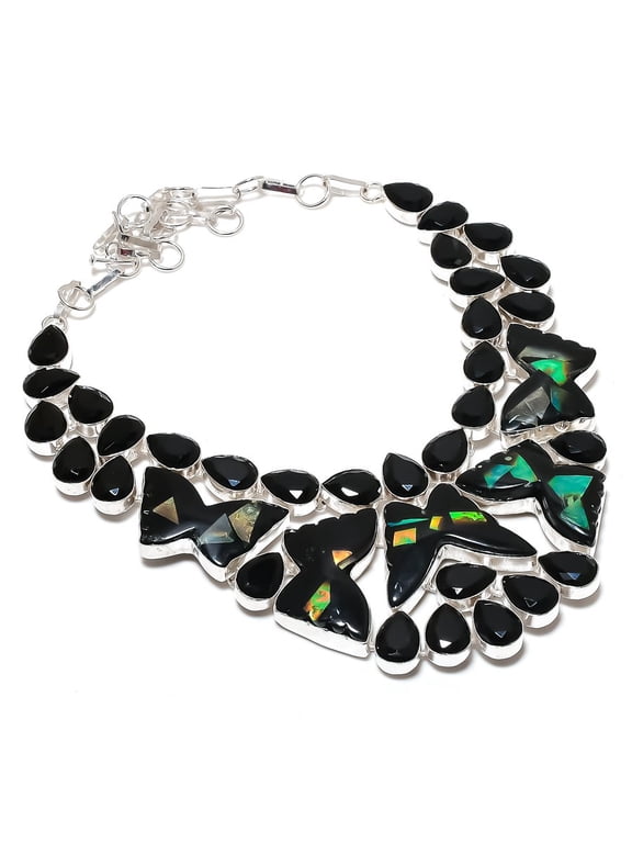 Natural Black Onyx, Spinel 925 Sterling Silver Jewelry Necklace 18"