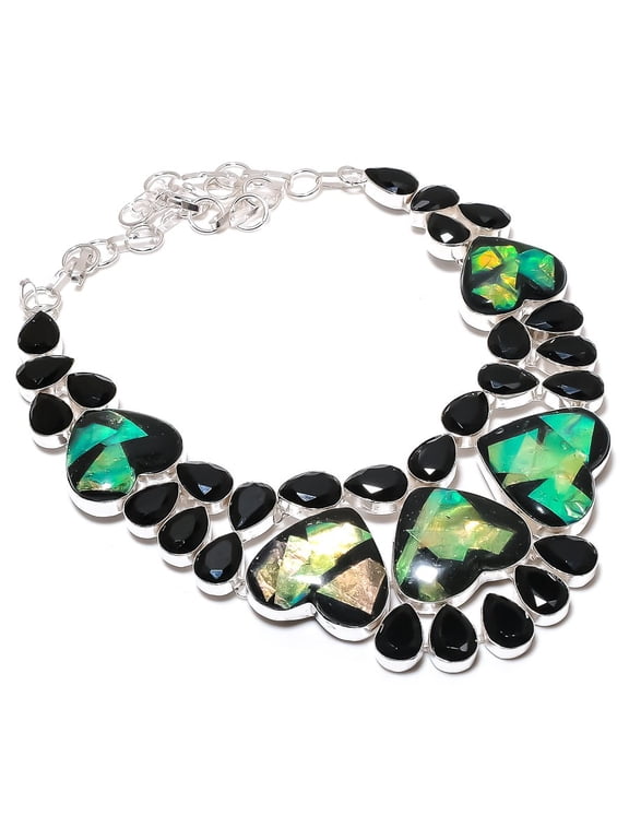 Natural Black Onyx, Spinel 925 Sterling Silver Jewelry Necklace 18"