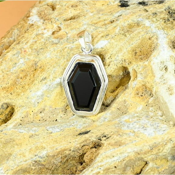 Natural Black Onyx Sterling Silver Pendant Necklace, Dainty Minimalist Jewelry for Men and Women, Halloween Gift Idea