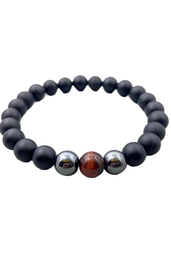 Natural Black Onyx, Tigers Eye & Hematite 8mm Round Shape Smooth Cut Beads Stretchable Bracelet For Men & Women. Unisex Bracelet