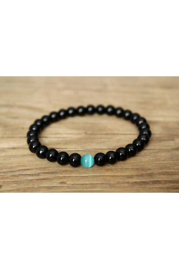 Natural Black Onyx With Cats Eye 8mm Round Shape Smooth Cut Beads Stretchable Bracelet for Men & Women.