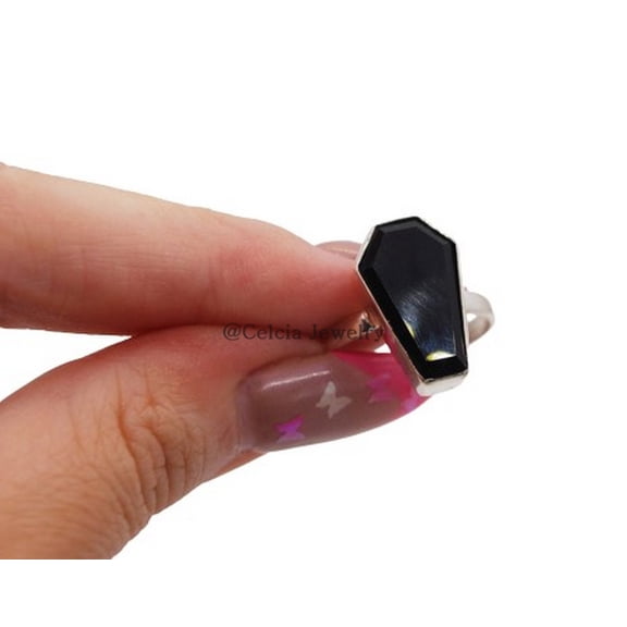 Natural Black Onyx Women's Ring, Solid 925 Sterling Silver, Genuine Healing Gemstone Coffin Ring, Statement Ring, Nice Girlfriend Promise Ring, Gift For Women, Unique Mom Gift (Black Onyx, Size 7)