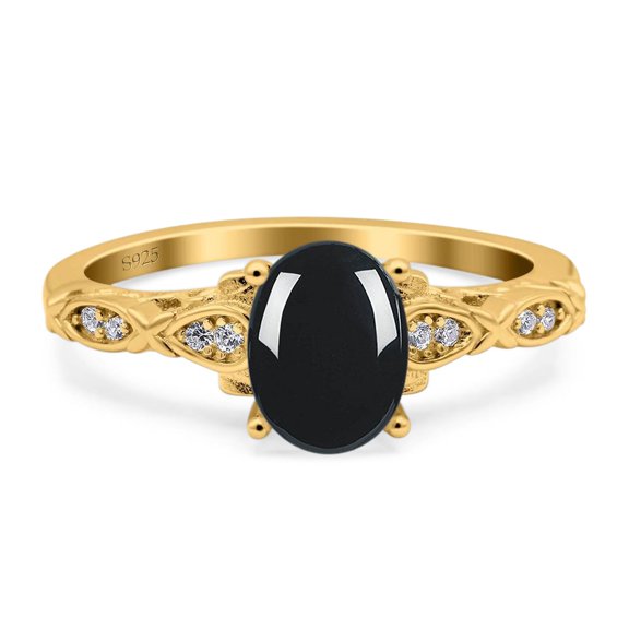 Natural Black Onyx Yellow Tone Silver Size-6 Art Deco Oval Vintage Rings Leaf Filigree Design CZ Wedding Engagement Ring For Women 925 Sterling Silver Gifts For Her