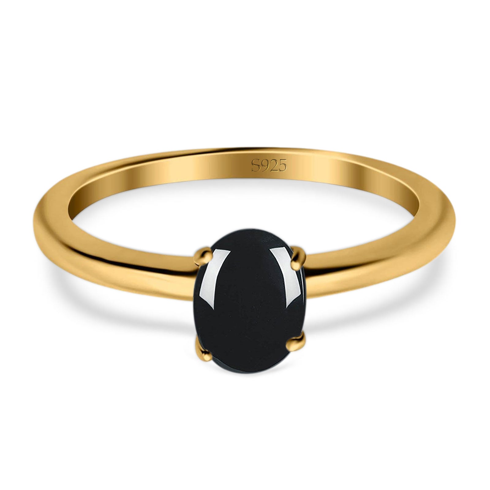 Natural Black Onyx Yellow Tone Silver Size-8 Minimalist Oval Cathedral Solitaire Ring Wedding Engagement Rings For Women 925 Sterling Silver Gifts For Her